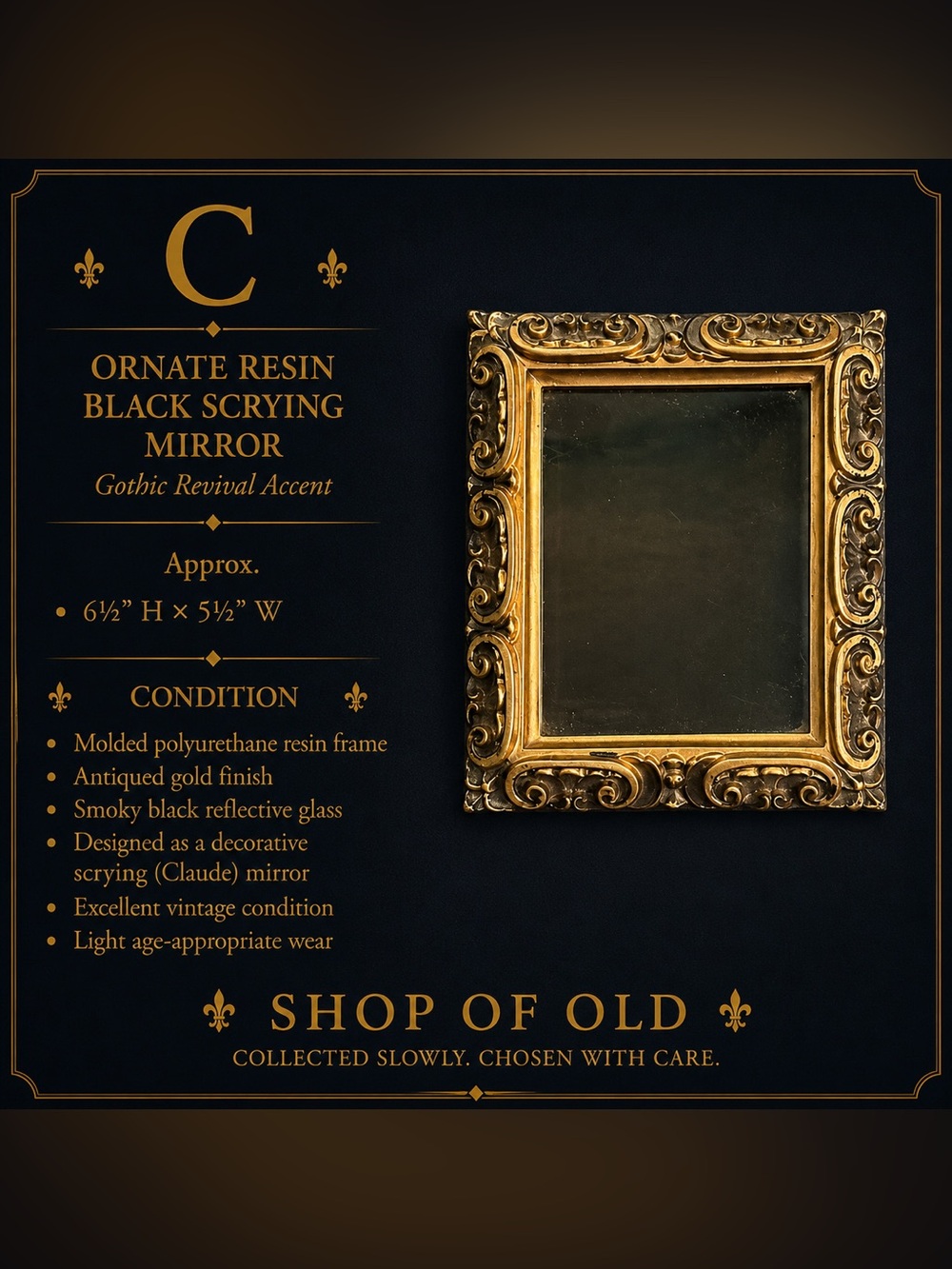 Ornate Resin Black Scrying Mirror | Gothic Revival Claude Mirror | Antiqued Gold